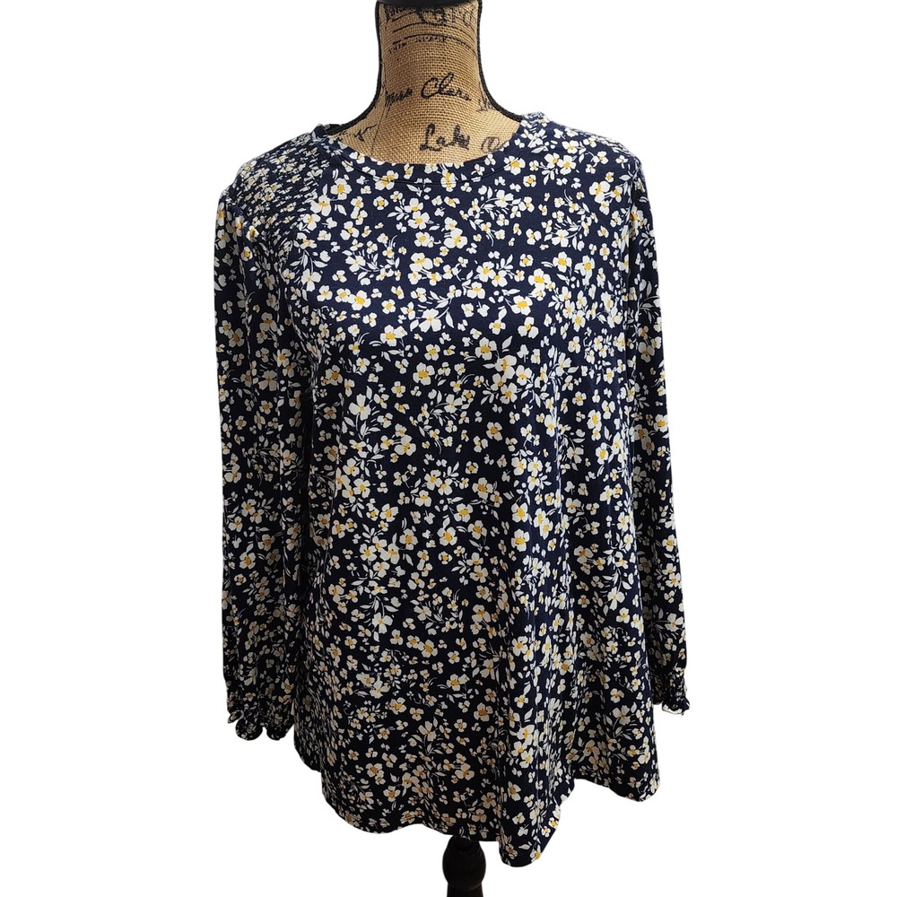 J. Jill Floral Smocked Tunic Top Long Sleeve Casual Blouse Navy Blue XL